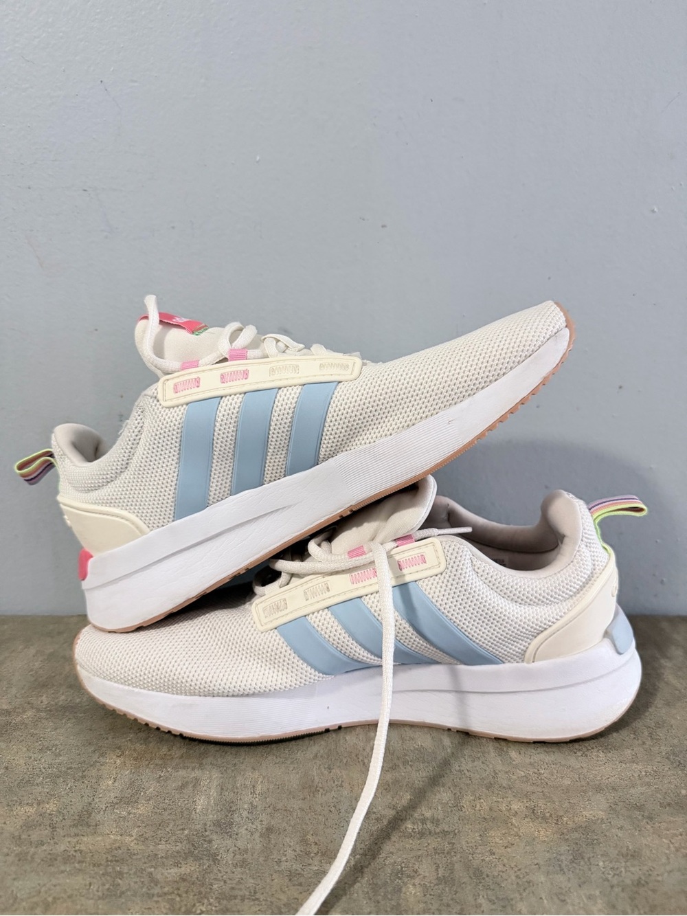 adidas Cream Mesh Sneakers with Light Blue Stripes and Pastel Accents